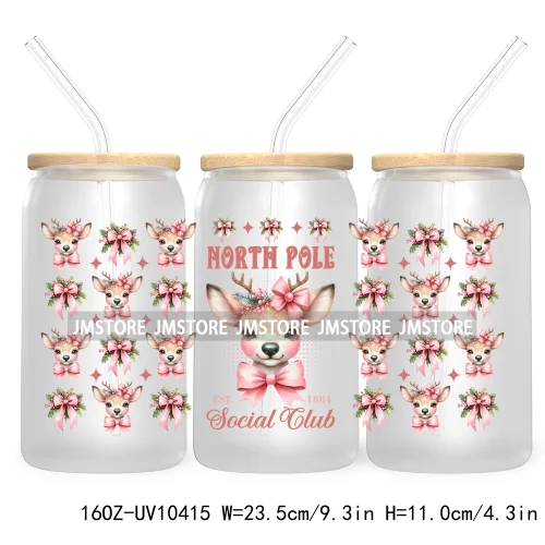 Christmas Girly Coquette Bow 16OZ UV DTF Cup Wrap Transfer Stickers Custom Labels For Libbey Glass Can Candy Cane Tis The Season