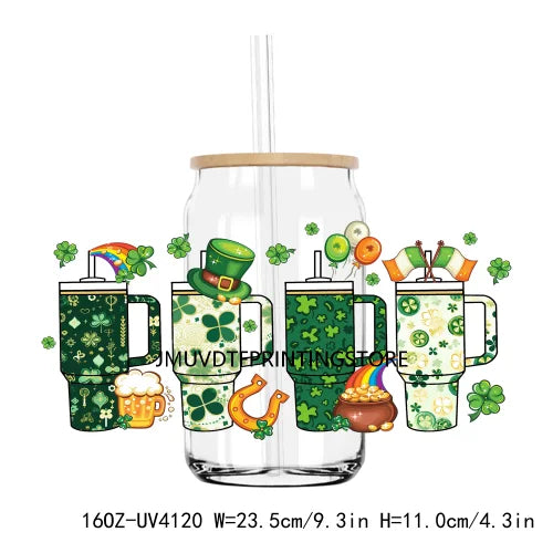 Lucky Blessed 16OZ UV DTF Cup Wrap Transfers Stickers Shamrock Four Leaf Custom Labels DIY Waterproof Logo For Libbey Glass Can