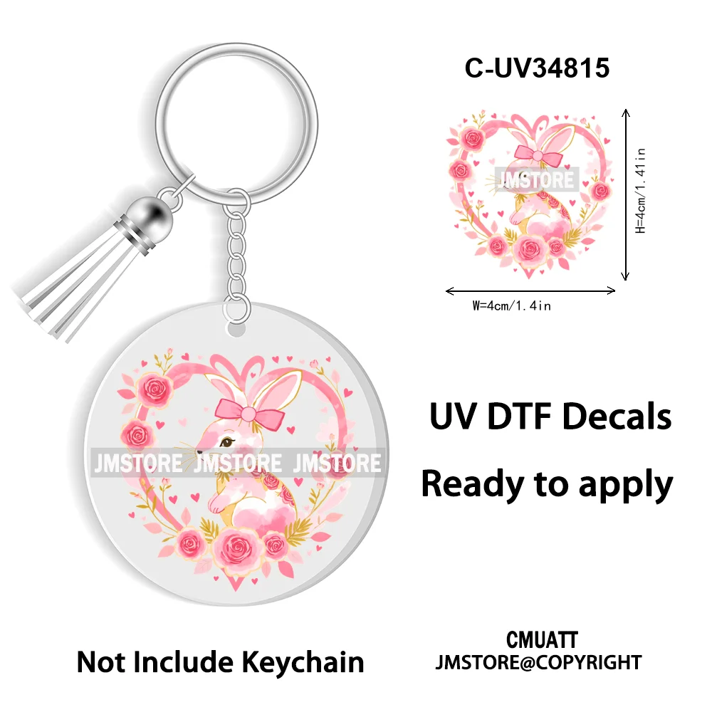 Faux Sequin Glitter Happy Easter Bow Retro Easter Bunny Blowing Bubble UV DTF Stickers for Round Circle Acrylic Keychain Keyring