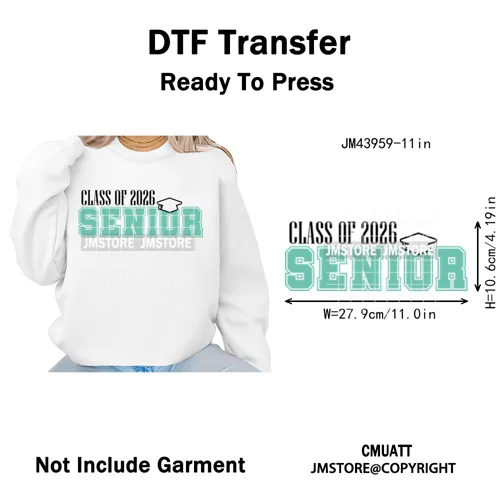 College Mega Senior 2K26 Coquette Class of 2026 Iron on Washable DTF Heat Transfers Stickers Ready to Press for Textiles Bags