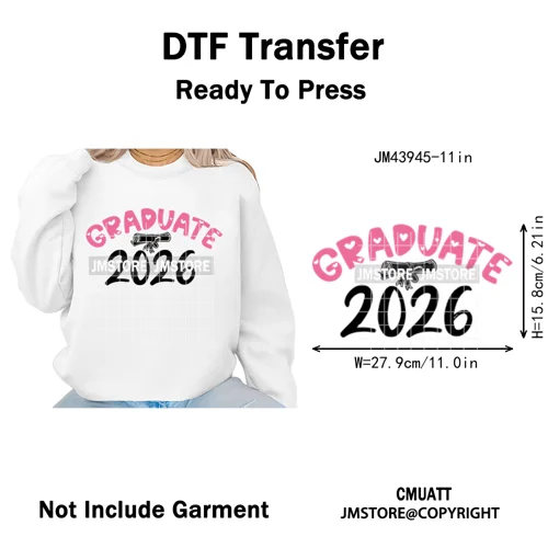 College Mega Senior 2K26 Coquette Class of 2026 Iron on Washable DTF Heat Transfers Stickers Ready to Press for Textiles Bags