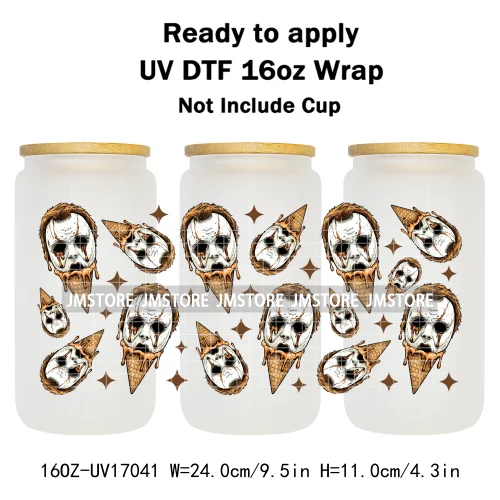 Ice Cream Halloween Killers Horror Characters UV DTF Stickers Ready To Apply Cup Wrap Custom Labels For 16OZ Libbey Can Glass