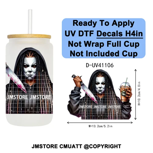 Scary Movie Character Afro Girls Halloween UV DTF Transfer Stickers Decals Ready To Apply Waterproof For 16OZ Libbey Glass Can