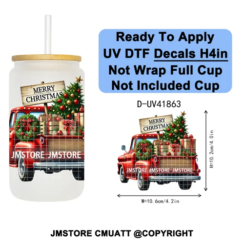 Watercolor Christmas Farm Truck Xmas Gifts UV DTF Transfer Stickers Decals Ready To Apply Waterproof For 16OZ Libbey Glass Can