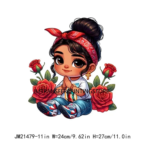 New Chibi Chicana Lovely Bow Rose Baby Girls Latina Princess Iron On DTF Heat Transfer Stickers Ready To Press For Clothing