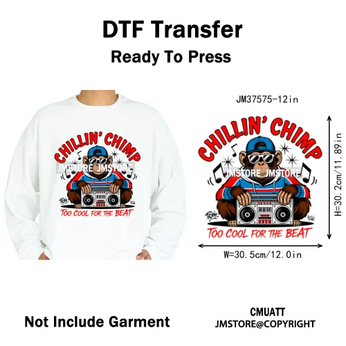 12in Street Heat Urban Chill Streetwear Man Hip Hop Animal Iron on DTF Thermal Transfer Stickers Ready to Press for Clothes Bags