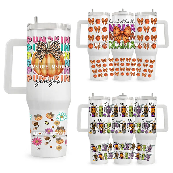 Retro Pumpkin Season Bow UV DTF 40OZ Tumbler Wrap Ready To Apply Good Quality Waterproof Dog Mom Fall Mama Transfer Stickers