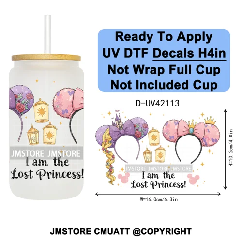 Cartoon Mouse Head Princess Family Vacation UV DTF Decals Ready To Apply Waterproof Transfer Stickers For 16OZ Libbey Glass Can