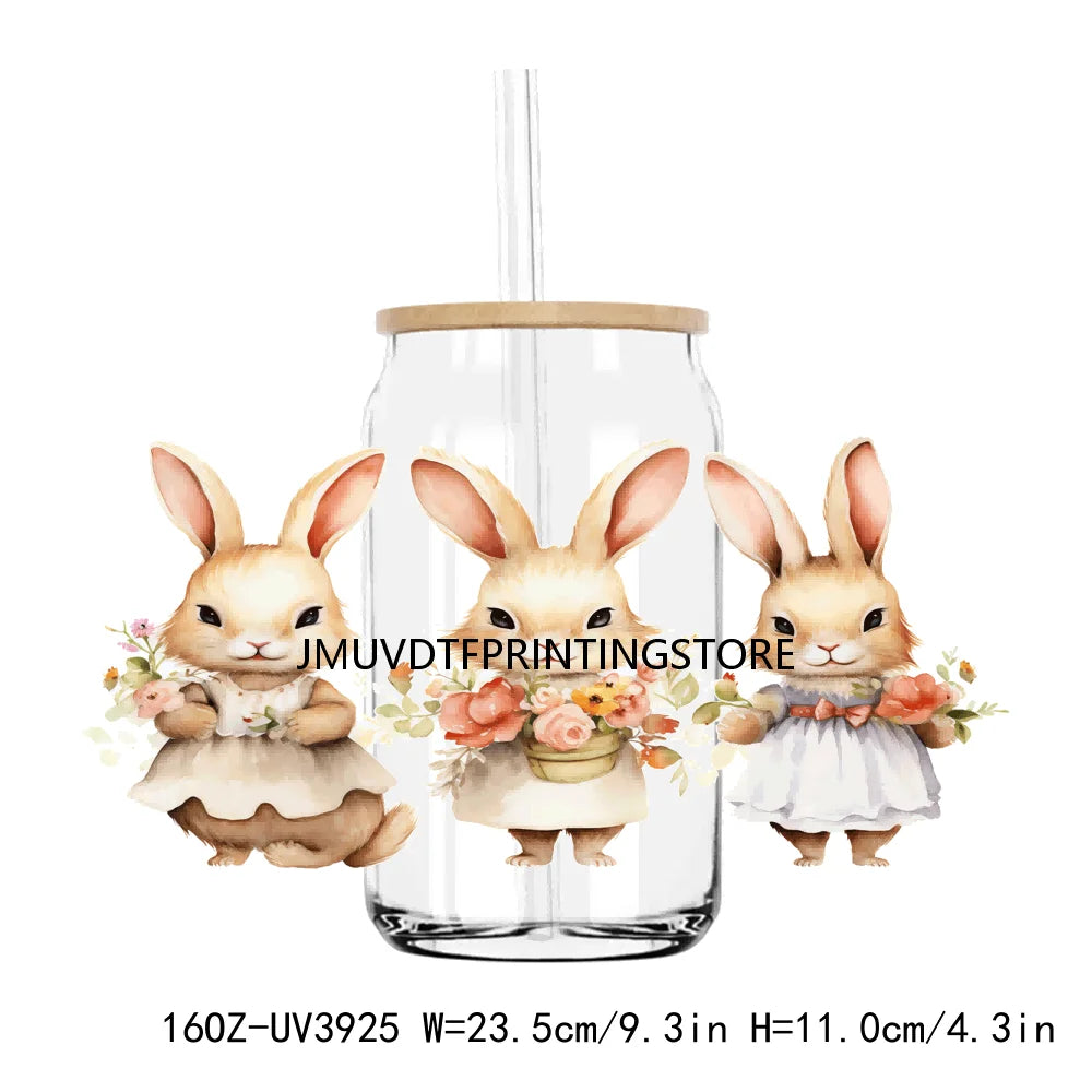 Cute Easter Bunny Rabbit With Flower 16OZ UV DTF Cup Wrap Transfer Sticker Custom Label DIY Waterproof Logo For Libbey Glass Can