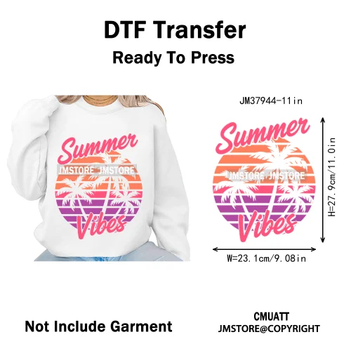 Funny Summer Quotes Sunset Palm Trees Beach Vacation Vibes Washable Iron on DTF Transfer Sticker Ready to Press for Textile Bags