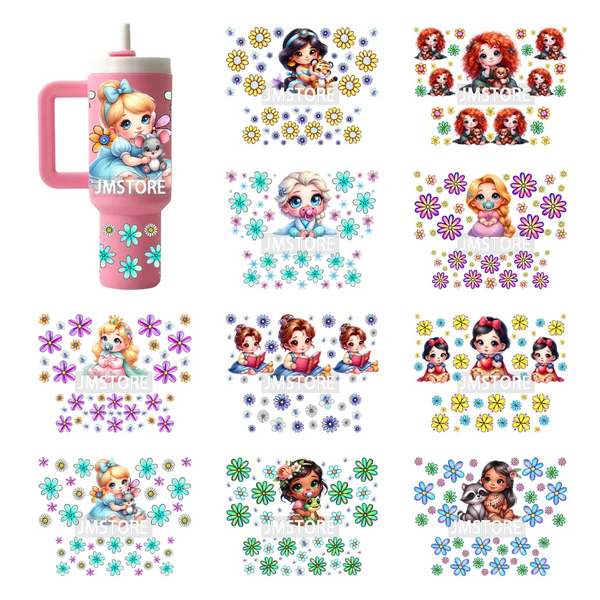 Watercolor Little Girl Cartoon Princess Flowers UV DTF Wraps Ready To Use Transfer Stickers Waterproof For Mini Tumbler Keychain