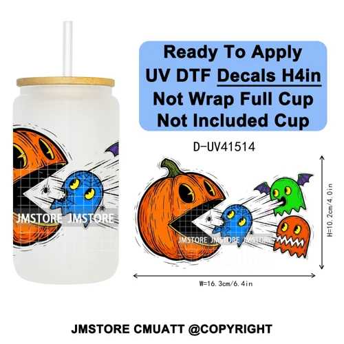 Spooky Highland Cow Halloween Ghosts Pumpkin UV DTF Decals Ready To Apply Waterproof Transfer Stickers For 16OZ Libbey Glass Can