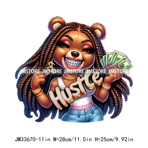 Girl Grillz Hustle Hip Pop Bear Money Quotes Sayings Washable Decals Iron On DTF Transfers Stickers Ready To Press For Clothing