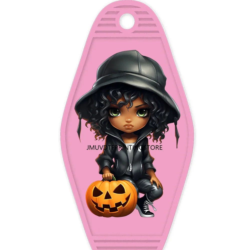 Halloween Pumpkin Cute Afro Girls High Quality WaterProof UV DTF Sticker For Motel Hotel Keychain Festival Gifts