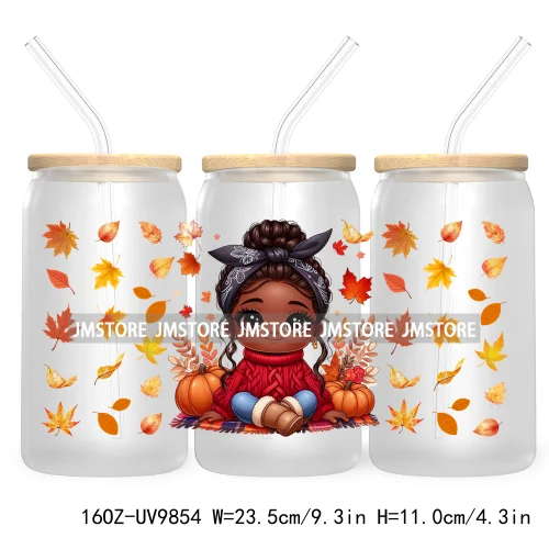 Afro African Girl 16OZ UV Cup Wrap DTF Transfer Stickers For Libbey Glass Can Cups Tumbler Fall Season Autumn Waterproof Labels