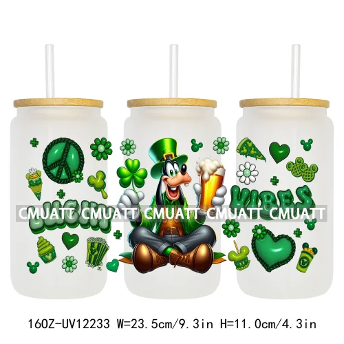 Cartoon Princess Girls St Patricks' Day Lucky Vibes 16OZ UV DTF Cup Transfer Wrap Sticker Waterproof Logos For Libbey Glass Can