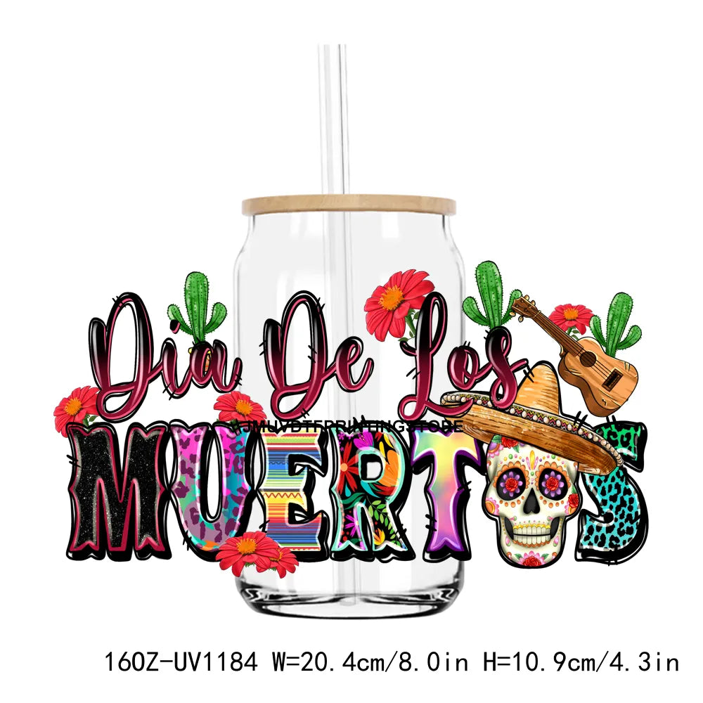 Dia De Los Muertos Mexican 16OZ UV DTF Cup Wrap Transfer Stickers Custom Labels DIY Durable Waterproof Logo For Libbey Glass Can