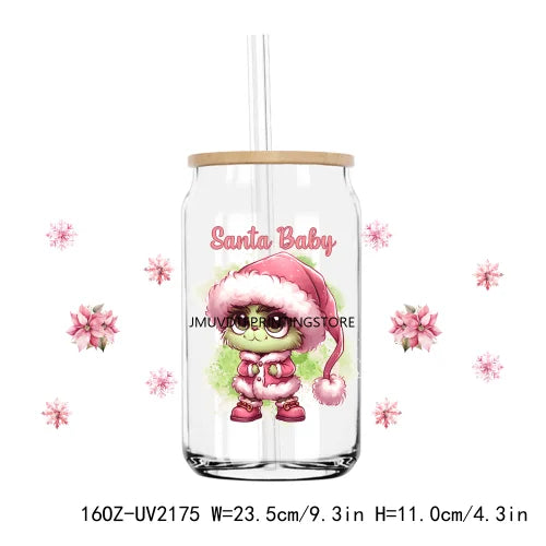 Christmas Santa Green Baby 16OZ UV DTF Cup Wrap Transfer Stickers Custom Labels DIY Durable Waterproof Logo For Libbey Glass Can