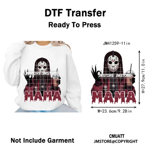 Coffee Lover Afro Mama Spooky Halloween Killer Cartoon Women Iron on Washable DTF Transfers Stickers Ready to Press for Hoodies