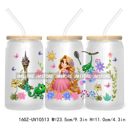 Cartoon Princess Floral Flowers 16OZ UV DTF Cup Wrap Transfer Stickers Custom Labels Waterproof For Libbey Glass Can Best Friend