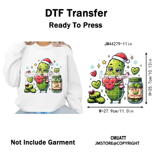 Merry Pickles Christmas Xmas Cucumber Holiday Santa Iron on Washable DTF Heat Transfer Stickers Ready to Press for T-shirts Bags