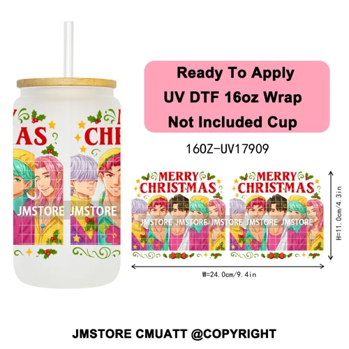 Merry Christmas Kpop Movie Character Anime Girl UV DTF Stickers Ready To Apply Cup Wrap High Quality For 16OZ Libbey Can Glass
