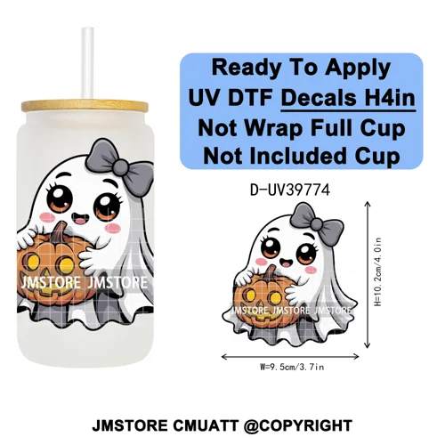 Cute Halloween Witch Ghost Sweet Boo UV DTF Decals Ready To Apply Waterproof Transfer Stickers Prints For 16OZ Libbey Glass Can