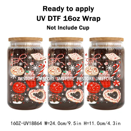 Funny Christmas Sweet Dessert UV DTF Cup Wrap Ready To Apply Transfer Sticker Waterproof 16OZ Tumbler Wraps For Libbey Glass Can