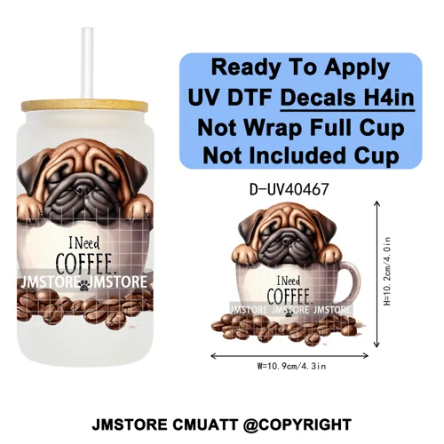 Puppy Coffee Dog Cartoon Pet Lover UV DTF Decals Ready To Apply Waterproof Transfer Stickers For 16OZ Libbey Glass Can Tumbler