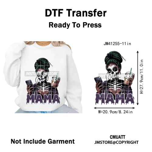 Coffee Lover Afro Mama Spooky Halloween Killer Cartoon Women Iron on Washable DTF Transfers Stickers Ready to Press for Hoodies
