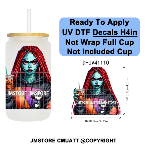 Scary Movie Character Afro Girls Halloween UV DTF Transfer Stickers Decals Ready To Apply Waterproof For 16OZ Libbey Glass Can