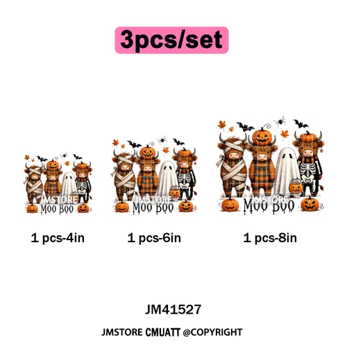 Pumpkin Leopard Spooky Ghost Moo Boo Cow Pet Halloween Bow Iron on DTF Washable Transfers Stickers Ready to Press for T-shirts