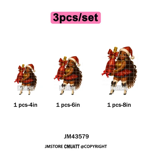 Wine Christmas Black Girls Santa Cheer Winter Holiday Party Iron on Washable DTF Transfers Stickers Ready to Press for Textiles