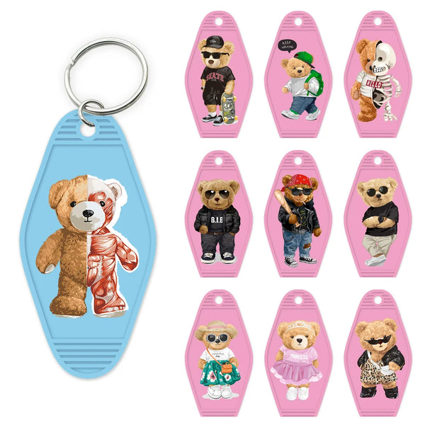 Cute Pink Teddy Bear Girl High Quality WaterProof UV DTF Sticker For Motel Hotel Keychain Brown Bears Baseball