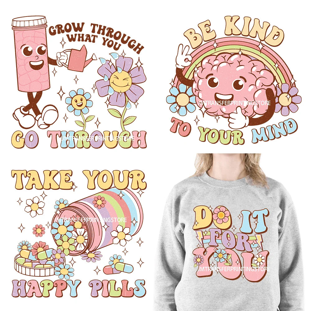 DTF Retro Mental Health Matters Be Kind Self Care Selfish Good Day Positive Quotes Iron On Transfer Stickers Logo For Sweatshirt