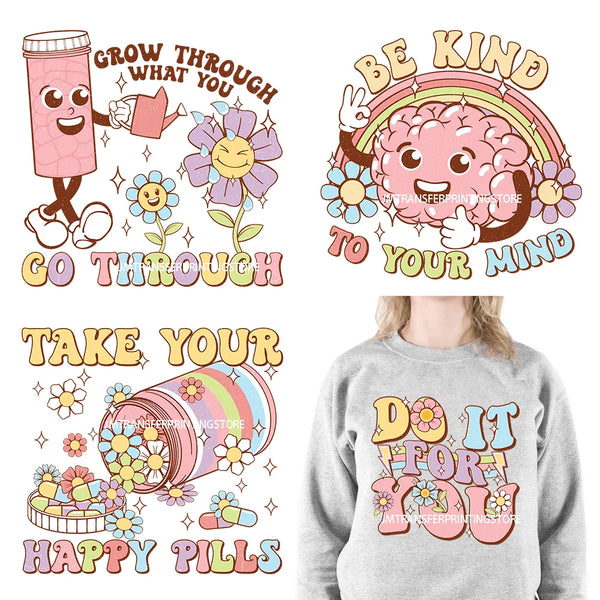 DTF Retro Mental Health Matters Be Kind Self Care Selfish Good Day Positive Quotes Iron On Transfer Stickers Logo For Sweatshirt