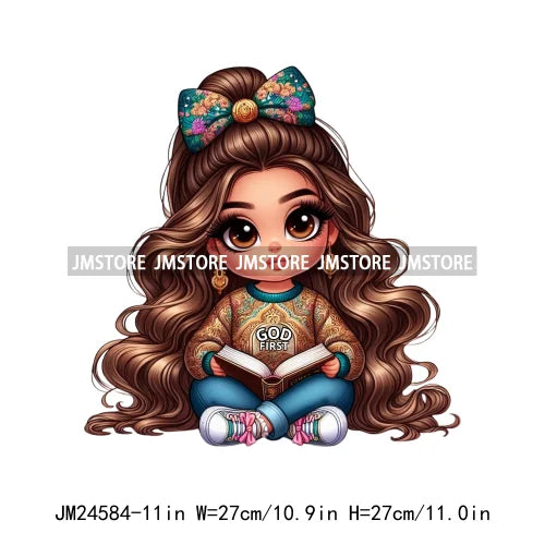 God First Chibi Cute Brown Hair Latina Dolls Baby Girls Coquette Bow Iron On DTF Transfer Stickers Ready To Press For Hoodies