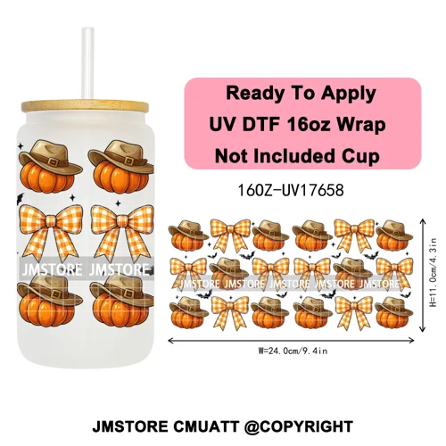 Halloween Fall Autumn Pumpkins Coquette Leopard Bow UV DTF Cup Wrap 16OZ Ready To Apply Transfer Stickers For Libbey Glass Can