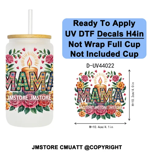 Floral Mexican Christmas Mama UV DTF Transfer Stickers Decals Ready To Apply Good Quality Prints For Libbey Cold Cup Mug Tumbler