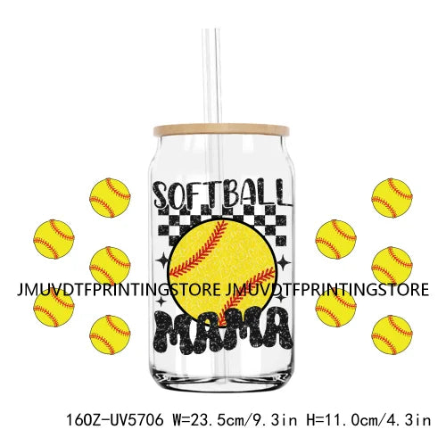 Glitter Boujee Baseball Mama UV DTF Sticker For 16OZ Libbey Glass Cup Can Wrap Transfer Sticker Custom DIY Logo Soccer Sport Mom