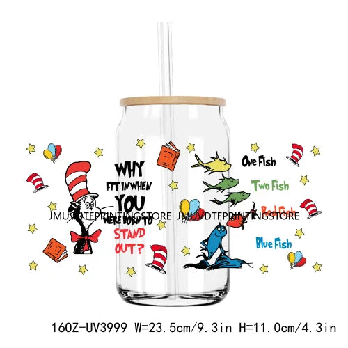 Cartoon Dr Seuss Love Reading Books UV DTF Sticker For 16OZ Libbey Glass Cup Can Wrap Transfer Sticker Custom Labels DIY Logo