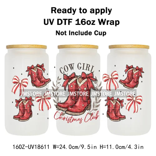 Howdy Christmas Western Highland Cow 16OZ UV DTF Cup Wraps Ready To Apply Waterproof Transfer Stickers For Libbey Glass Can