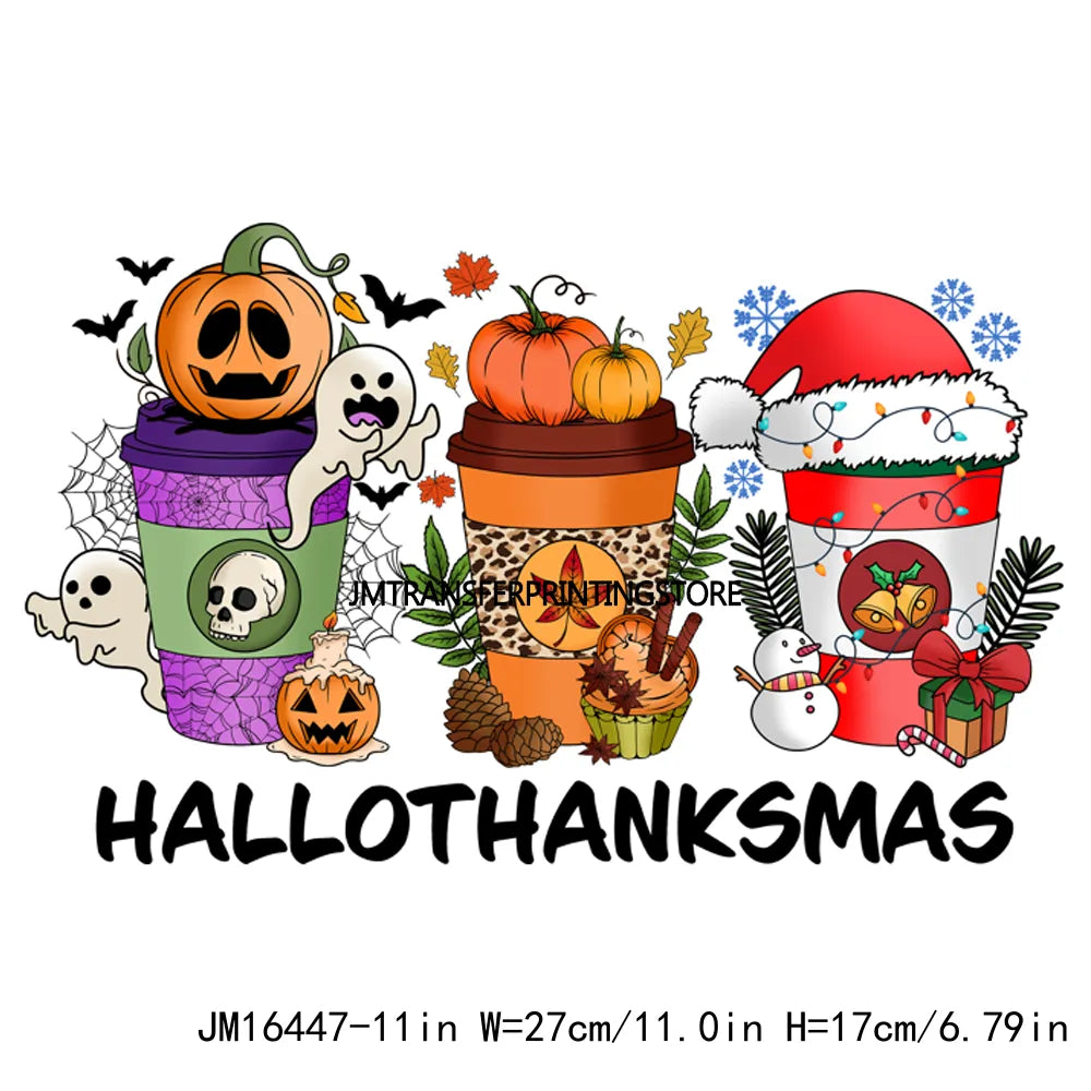 Eat Drink And Be Thankful Hallothanksmas Decals Santa Gnome Coffee Cup Animal Pumpkin Iron On DTF Transfer Sticker For Clothing