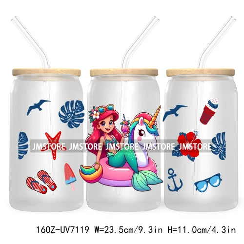 Cartoon Princess's Summer Vacation 16OZ UV DTF Cup Wrap Transfers Stickers For Libbey Glass Can Cups Tumbler Waterproof Craft