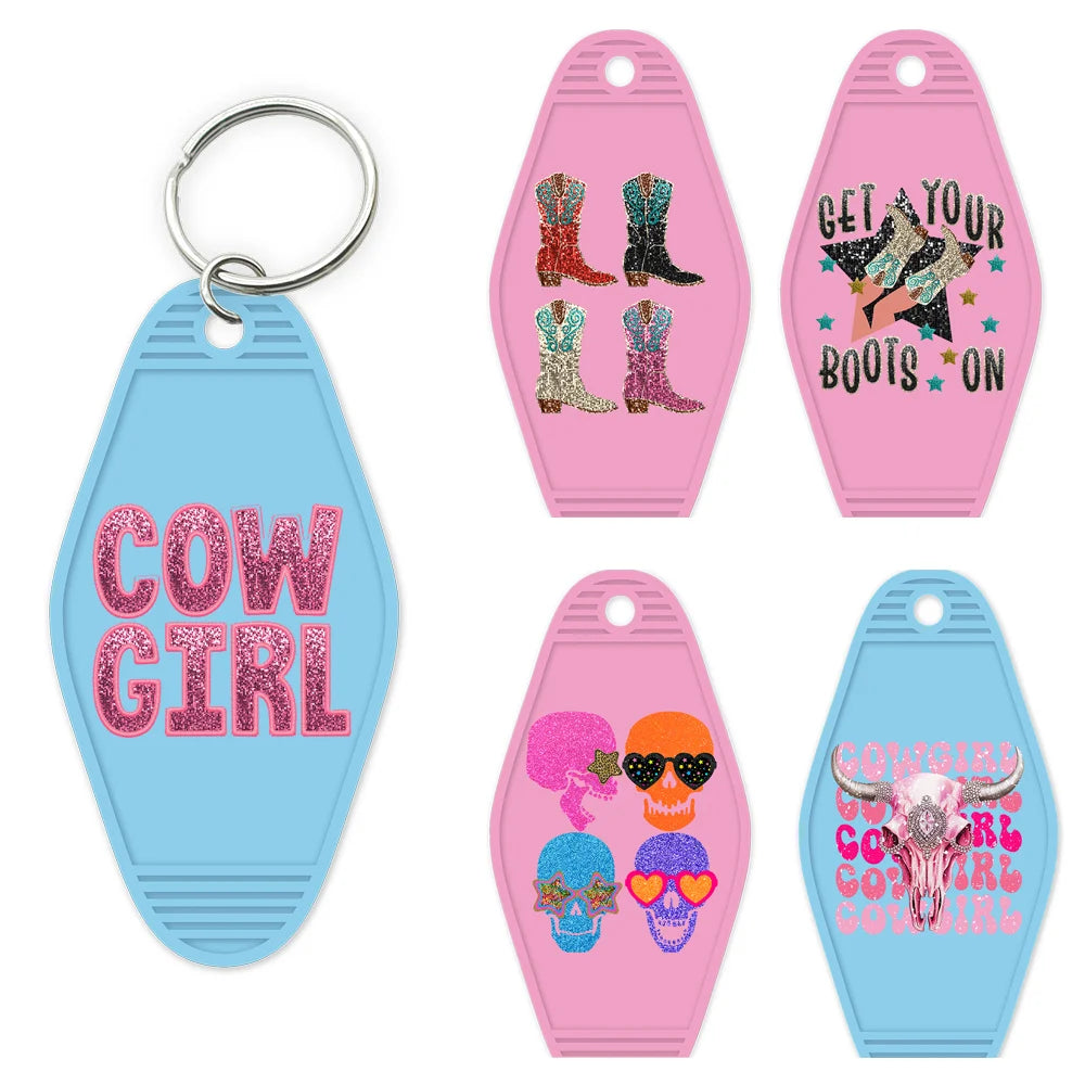 Faux Sequin Western Cowgirl Boots Hat High Quality Durable WaterProof UV DTF Sticker Logo For Motel Hotel Keychain Cow Skull