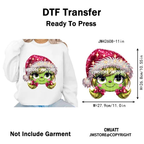 Faux Glitter Cartoon Christmas Movie Green Santa Kid Girly Xmas Iron on DTF Washable Transfer Sticker Ready to Press for Textile