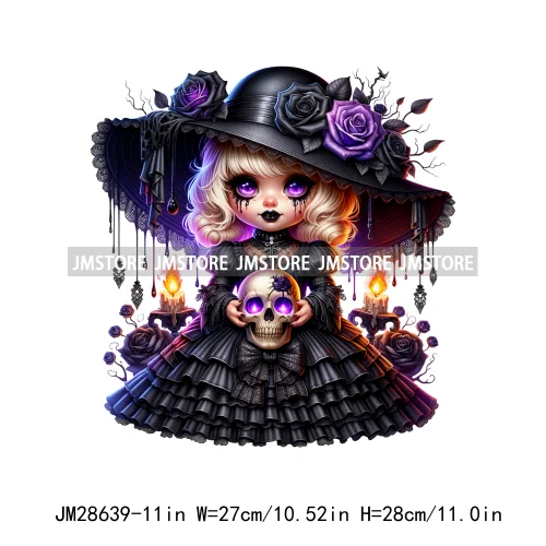 Gothic Girl Gnomes Halloween Witch Dolls Black Flowers Horror Vibes Iron On DTF Transfers Stickers Ready To Press For Clothing