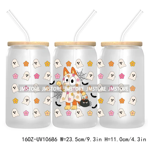 Fall Pumpkin Halloween Season 16OZ UV Cup Wrap DTF Transfer Stickers For Libbey Glass Can Cups Tumbler Cute Cartoon Mouse Ghost