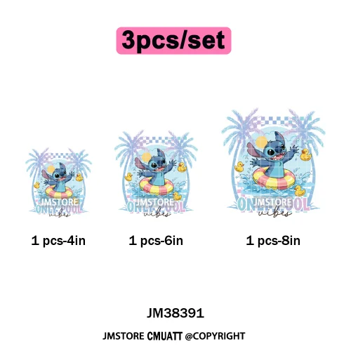 Retro Cartoon Happy Summer Vacation Vibes Coquette Seashells Iron on DTF Heat Transfer Stickers Ready to Press for Clothes Bags