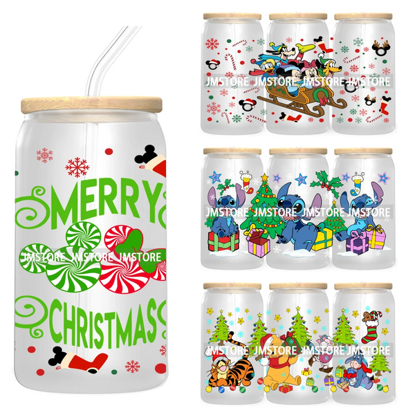 Merry Christmas Mouse UV DTF Sticker For 16OZ Libbey Glass Cup Can Wrap Transfer Stickers Custom Labels Xmas Cartoon Characters